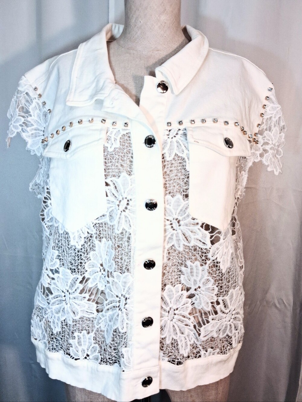Venus Denim Lace Vest, Women, Button up, Rhinestones pockets, collar, White, 2X
